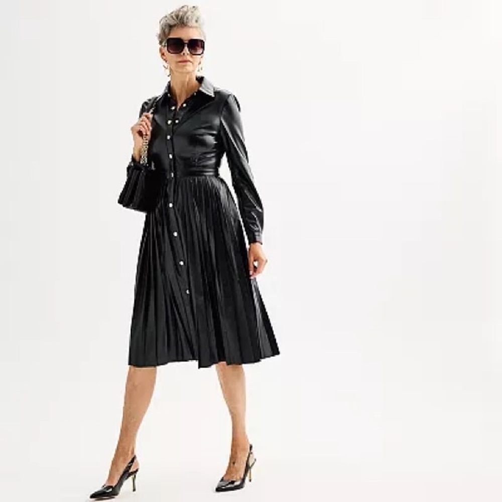 Elie Tahari Faux Leather Shirt Dress, Black , size 6